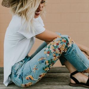 Free People Embroidered Girlfriend Jean